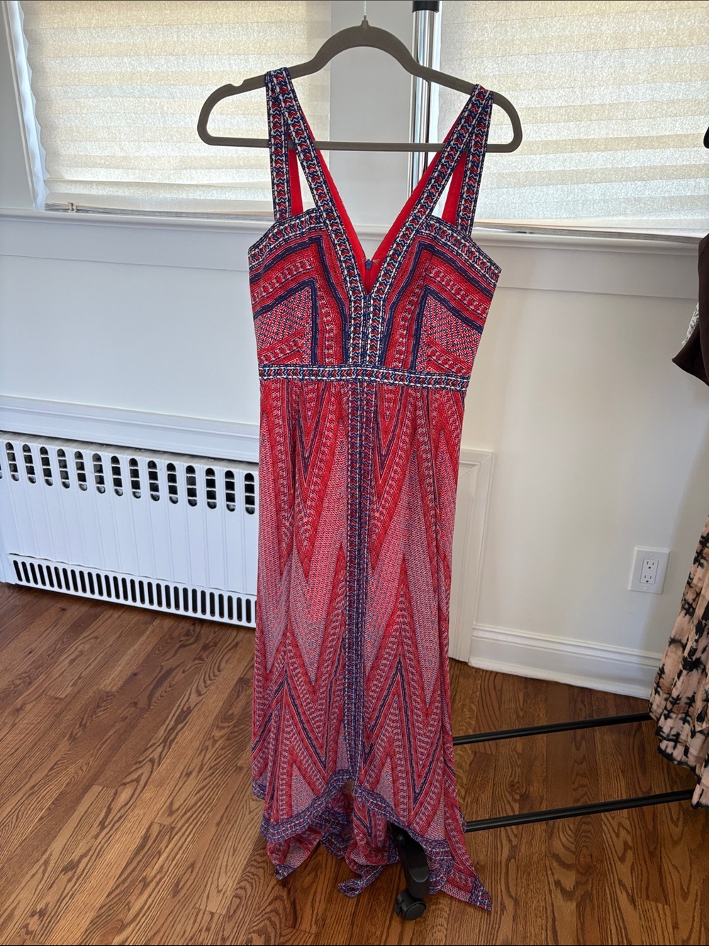 BCBG Red Patterned Kerchief Hem V-Neck Maxi Dress
